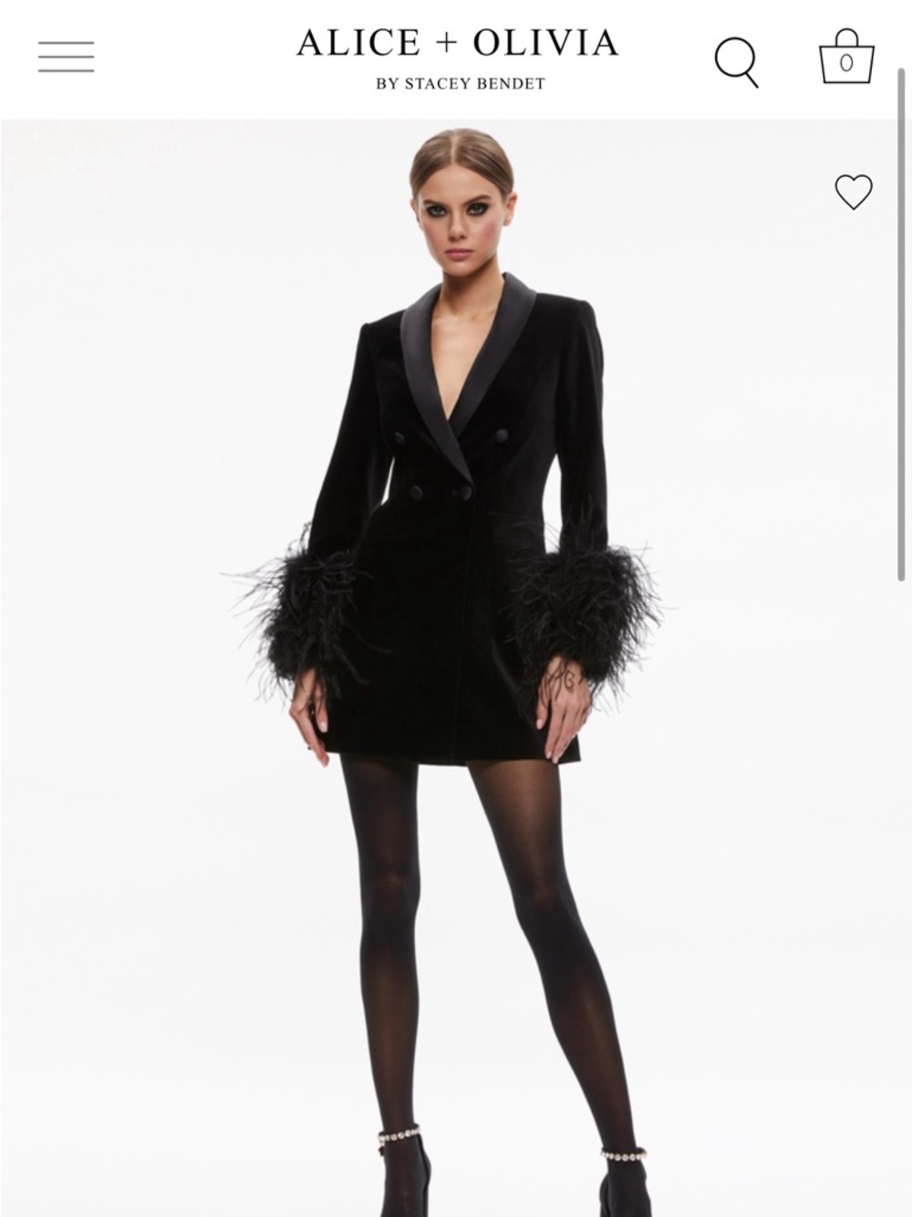 Alice + Olivia Black Velvet Blazer Dress with Feather Cuffs